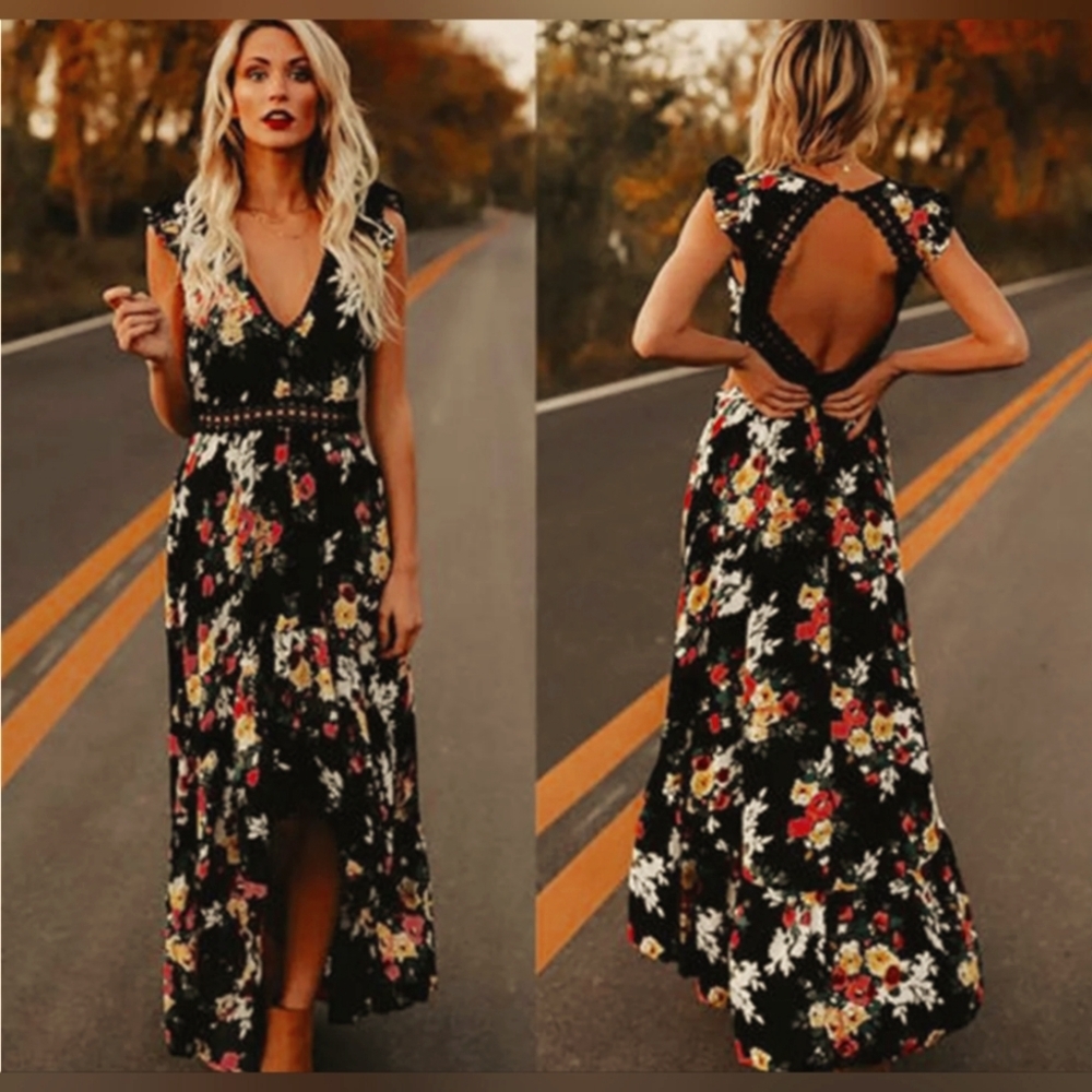 Women's summer Floral lace Maxi Dress Deep v- neck size M
